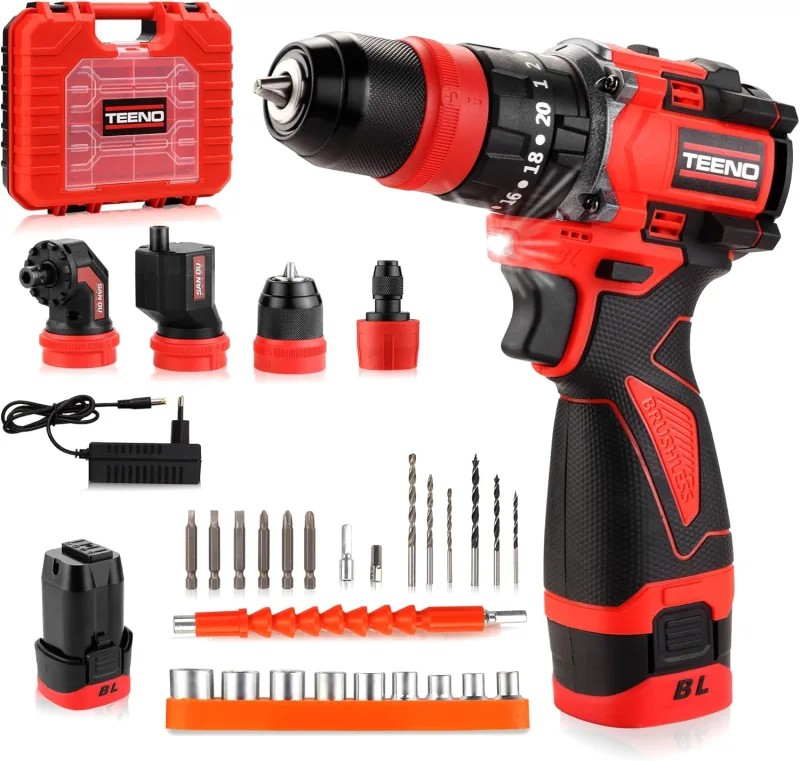 TEENO 18V System Professional Brushless Battery Screwdriver, Cordless Drill Kit, 20+3, 45 Nm, 2 Speeds