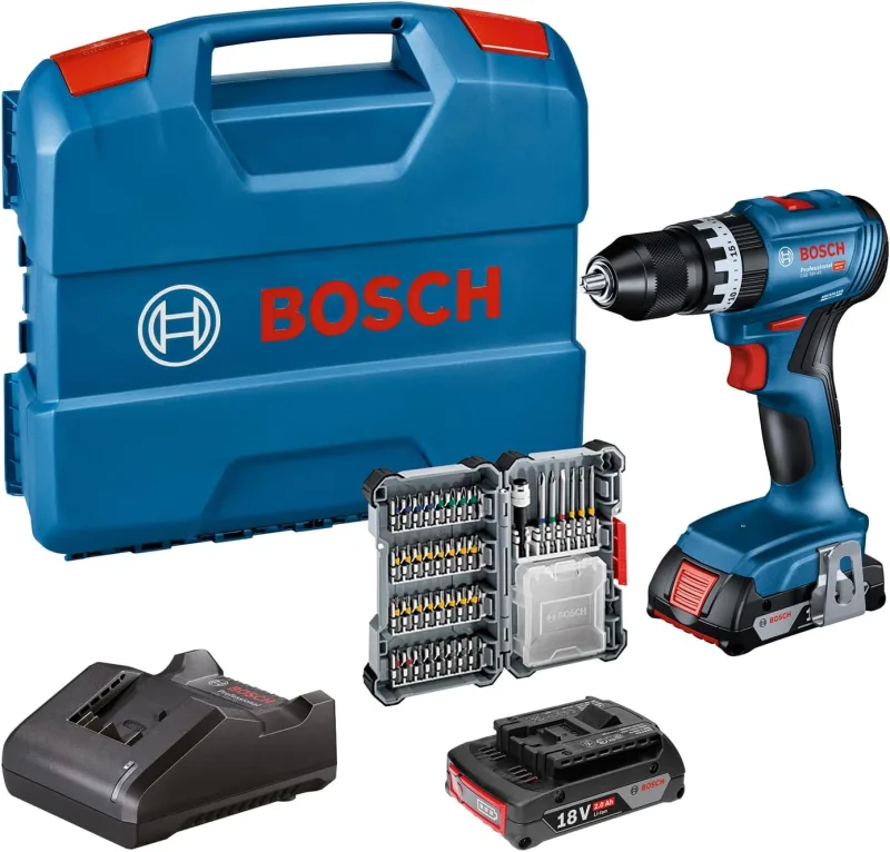 Bosch Professional 18V System taladro con percusión a batería GSB 18V-45 (velocidad de giro 1900 rpm, incl. 2 baterías de 2.0Ah, accesorios, GAL 18V-20, L-Case) – Set exclusivo de Amazon