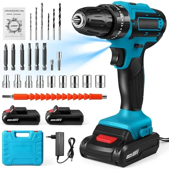 21 V Battery Drill, Electric Screwdriver with 32 Nm, 25 + 3 Adjustments of Torque, Drill Driver Battery, LED Light, 3 Speed, Screwdriver for Home, DIY (A)