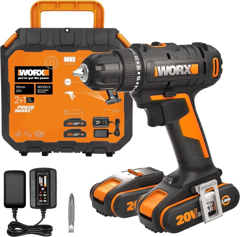 WORX - WX100.3 18V Cordless Drill Driver (20V Max) PowerShare, Max Torque 30Nm, Variable Speed, LED Light, 10mm Keyless Chuck, 2 Batteries Included