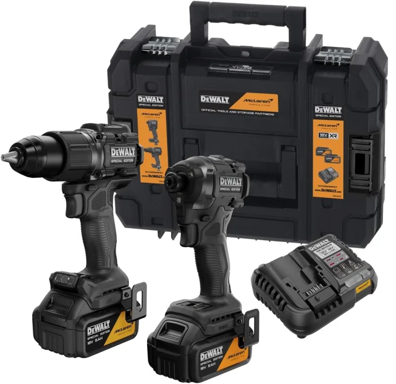 DeWalt Taladro Atornillador de Impacto Inalámbrico y Atornillador de Impacto, 18V, con 2 Baterías 5Ah, Cargador Rápido, Caja T-STAK, Edición Especial McLaren