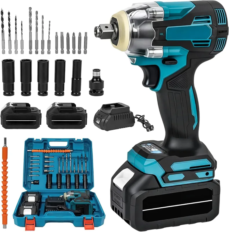 Llave de impacto a batería con dos baterías, 21 V, eléctrica, destornillador 3 en 1, 1200 N.m, llave de impacto, 6700 rpm, con luz LED, 5 tuercas de impacto, para casa/auto/DIY (1200 N.m)