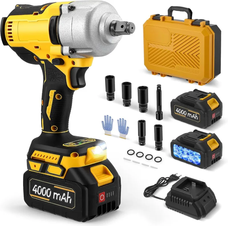 Atornillador de impacto a batería 1000 Nm – 21 V sin escobillas atornillador de impacto a batería con 3 niveles de velocidad, 2 baterías de 4,0 Ah y cargador rápido, luz LED, 5 llaves y