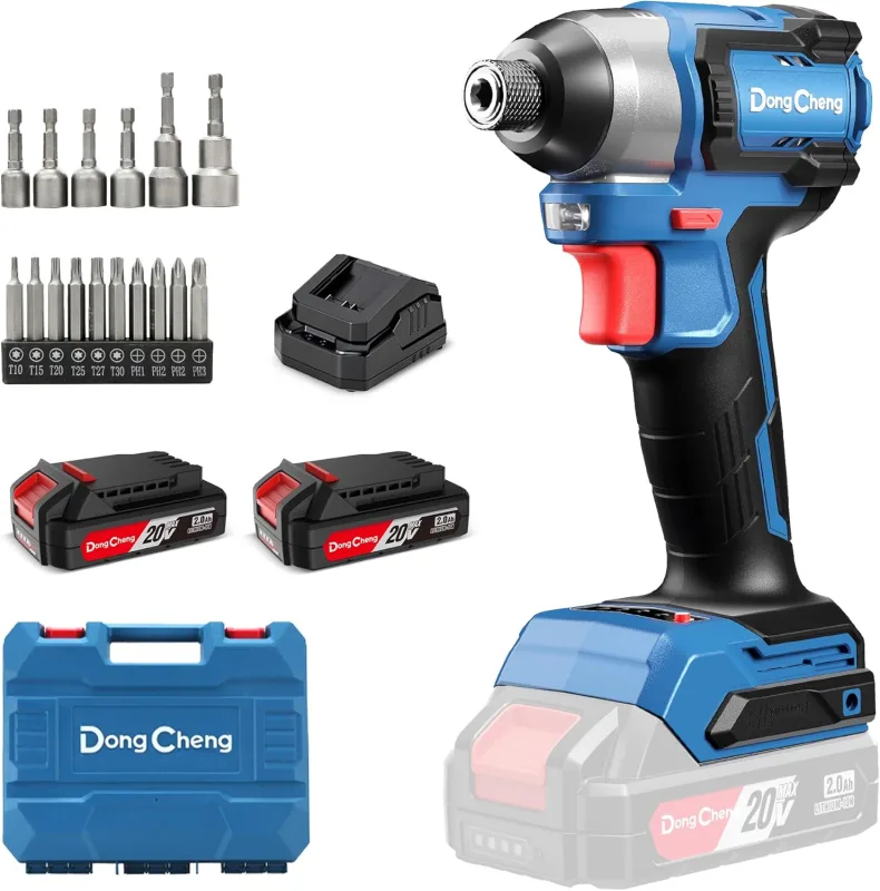 Dong Cheng Atornillador de Impacto Brushless a Batería 18V, 165Nm, Arranque Suave & Modo Autorroscante, 3 Velocidades, LED, 2x 2.0 Ah Batería + Cargador, Juego de Puntas + Dados