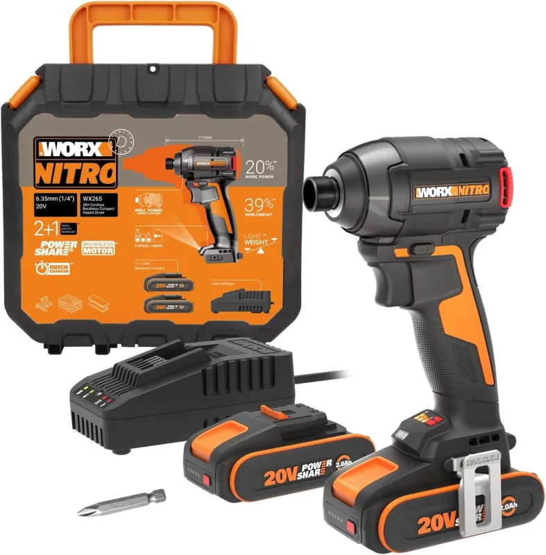WORX WX265, Atornillador de impacto Nitro 20V Máx., Motor sin Escobillas, 3 velocidades, 2 modos, 200 Nm, potencia para atornillado en metal, madera y automoción, 2 Baterías 20V-2Ah