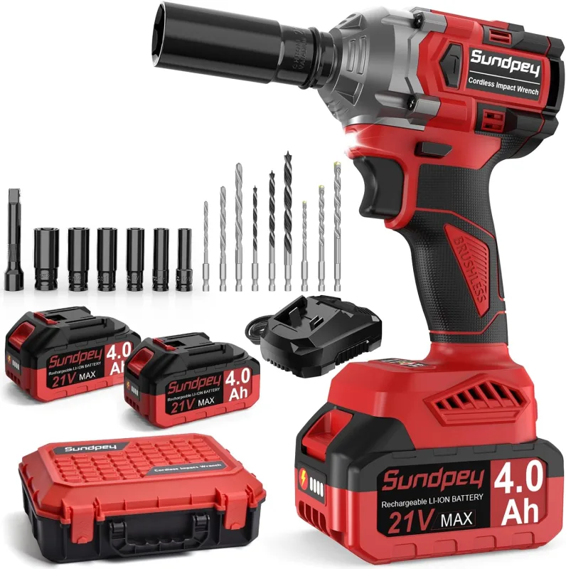 Sundpey Llave de Impacto Inalámbrica 650 Nm, Pistola de Impacto Batería con 2 * 4.0Ah Baterías & 6 Enchufes & 9 Brocas & Cargador & Barra de Extensión para Coche y el Hogar