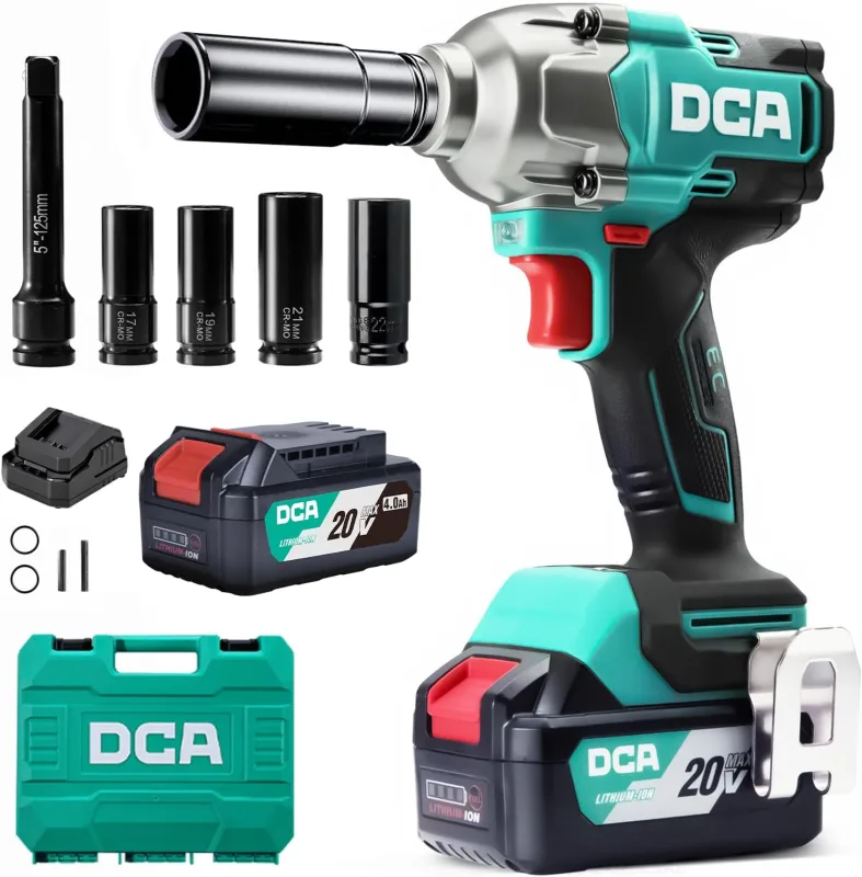 DCA Llave de Impacto Brushless da 20V, 682Nm di Coppia Massima, Attacco ad Anello da 13mm, Batteria al Litio da 4000mAh*2, 4 Modalità, Luce LED, Design Compatto, Funzione Smart Loosen,ADPB520