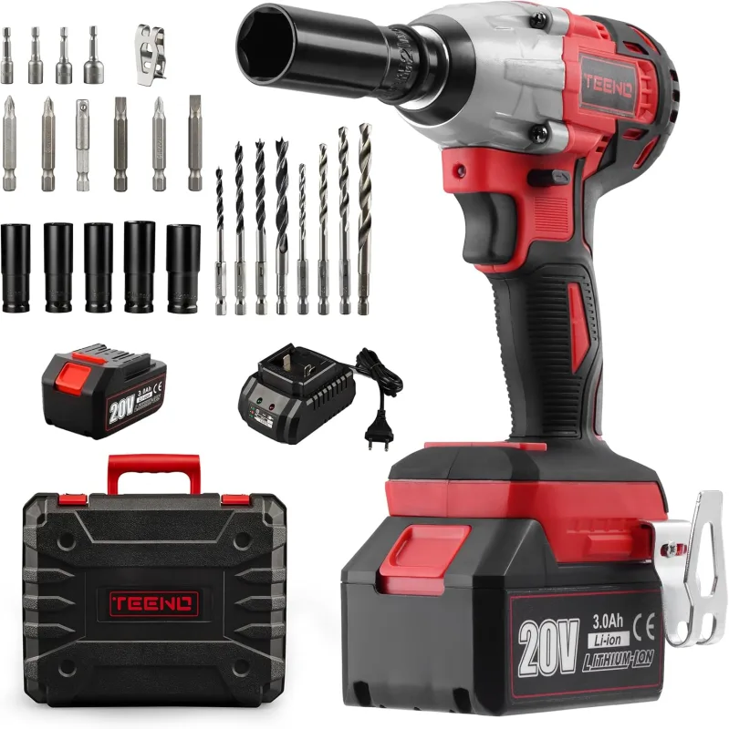 TEENO - Llave de impacto, atornillador de impacto inalámbrico, diseño sin escobillas, 320 Nm, con batería de 3,0 Ah, para andamios y tornillos de llantas, juego que incluye 25 accesorios y una batería