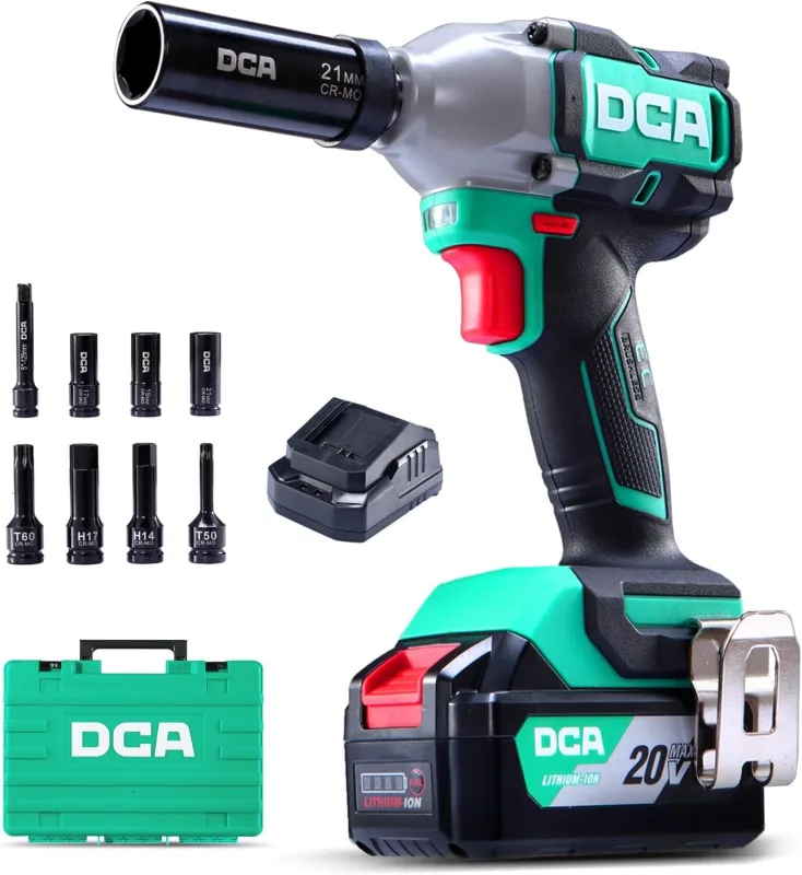 DCA Llave de Impacto Inalámbrica Brushless 20V con Batería de 4.0Ah – 13 mm Encastre, Par de Torsión Alto de 320 N.M, Llave de Potencia con 4 Modos – Para Automóviles y Bricolaje ADPB320