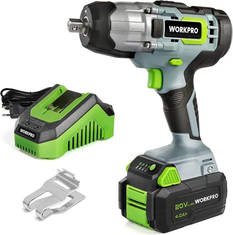 WORKPRO Llave de Impacto Inalámbrica 20V, 300NM Atornillador Impacto con Batería 4,0 Ah, Mandril de 13 mm(1/2"), Velocidad Variable hasta 3200rpm, Cargador Rápido, Luz LED
