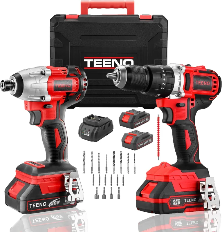 Kit Pistola de Impacto + Taladro Atornillador Percutor a Batería TEENO, 20V 90 Nm, 2 Baterías 2.0Ah, 20+3 Réglages de Couple, 25 Accesorios Profesionales
