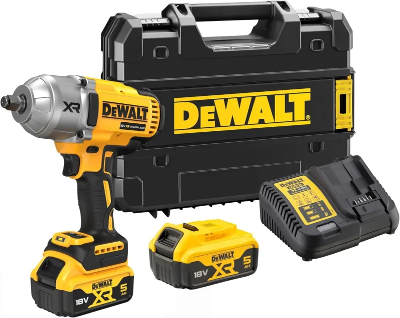 DEWALT DCF900P2T-QW - Llave de impacto a batería XR 18V, Par de apriete de 1.396 Nm y Par de afloje de 1.898 Nm, Incl. 2 baterías de 5.0Ah, cargador y caja T-STAK