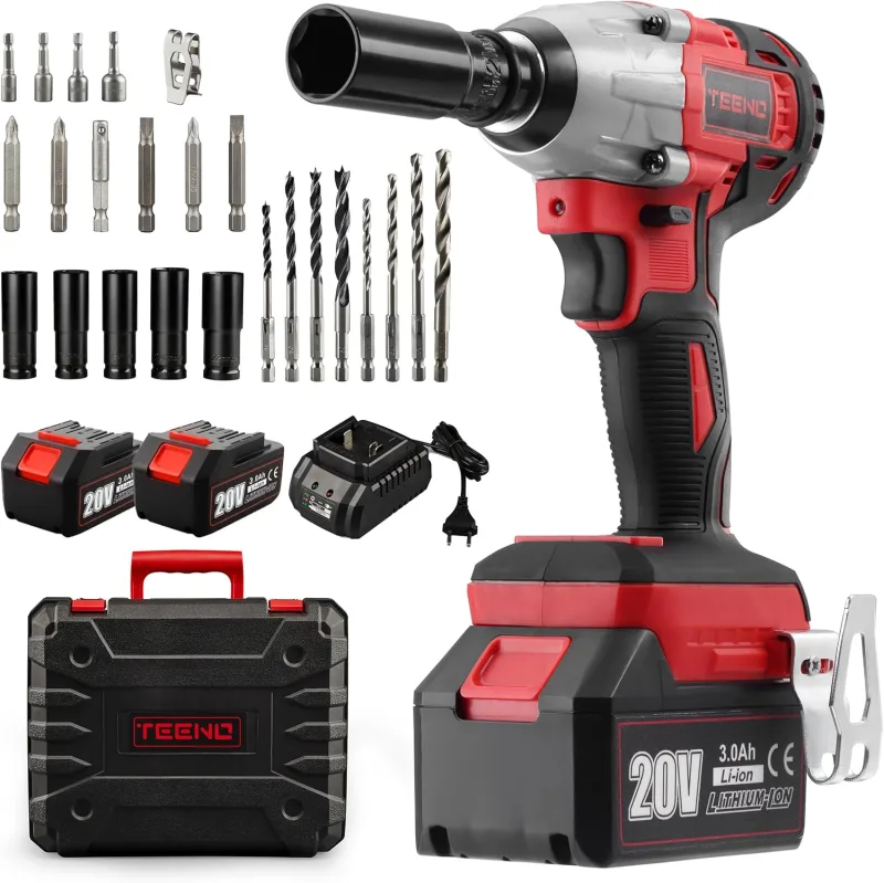 TEENO - Llave de impacto, atornillador de impacto inalámbrica, sin escobillas, 320 Nm, con batería de 3,0 Ah,andamio,pernos de ruedas,caja de 25 accesorios 2 Baterías