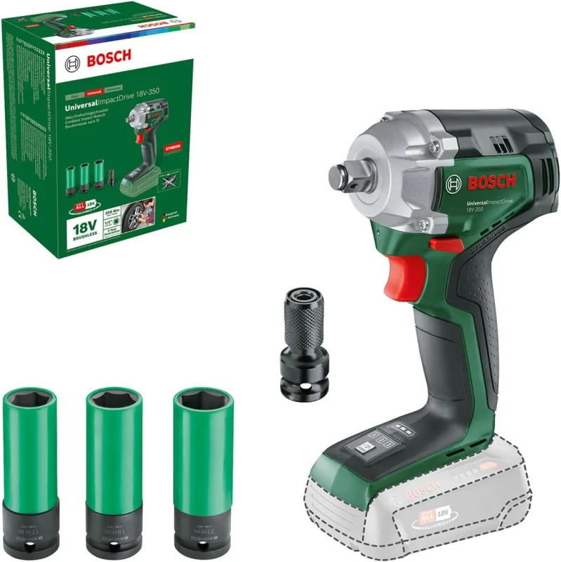 Bosch llave de impacto a batería UniversalImpactDrive 18V-350 (apriete potente y fijación en la obra; par de apriete máx.: 350 Nm; adaptador hexagonal; set de tuercas; sin batería)