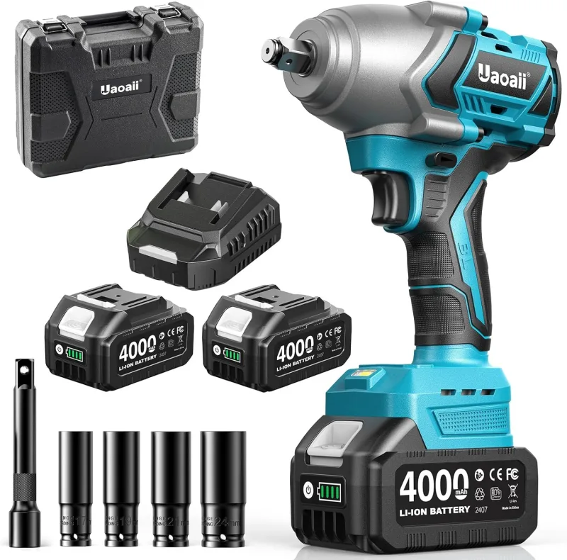 Llave de Impacto Inalámbrica sin Escobillas 1/2" 1000 Nm Llave de Impacto Eléctrica Batería 4000 mAh Adaptador Destornillador de Impacto 5 Casquillos incluidos Potencia y Facilidad para