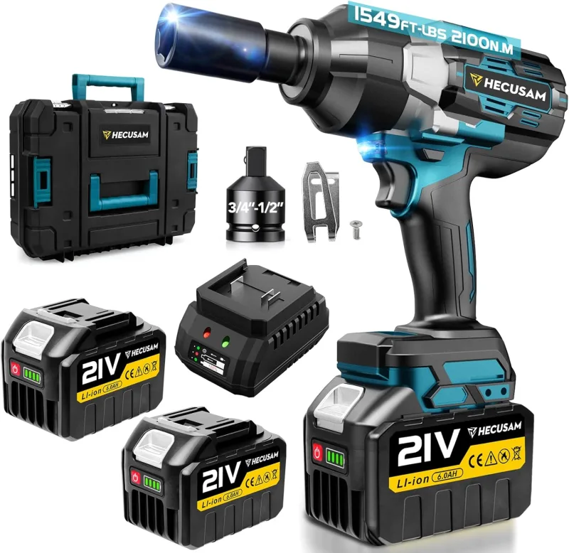 Llave de Impacto inalámbrica sin escobillas, Par máximo de 2100 N.m, 3/4"llave de impacto con Batería de 2x6.0Ah, Cargador Rápido, Atornillador de impacto para coche y maquinaria pesada