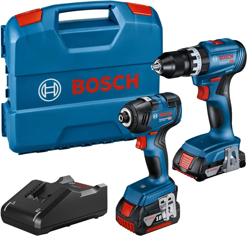 Bosch Professional 18V System Combo Kit: atornillador de impacto GDR 18V-200 + taladro con percusión GSB 18V-45 (incl. bat. 2.0Ah, bat. 4.0Ah, cargador GAL 18V-40, L-Case) - Set exclusivo de Amazon