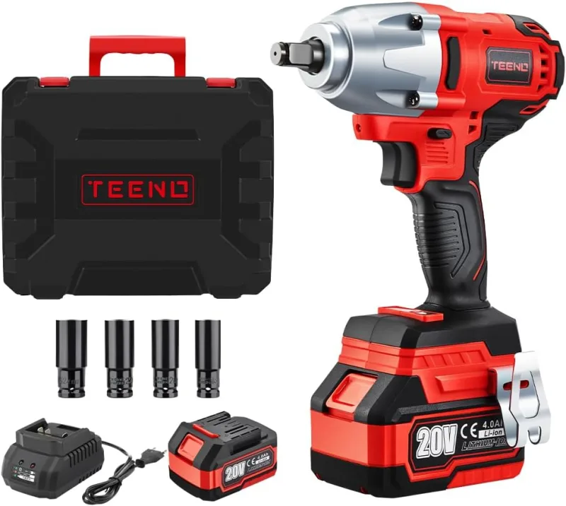 TEENO Atornillador de Impacto Inalámbrico Brushless 1/2" 600Nm 20 V con Batería 4000 mAh, Llave de Impacto con 4 Puntas de Impacto (17/19/21/22mm), Para el Automóvil y Uso Doméstico (una batería)
