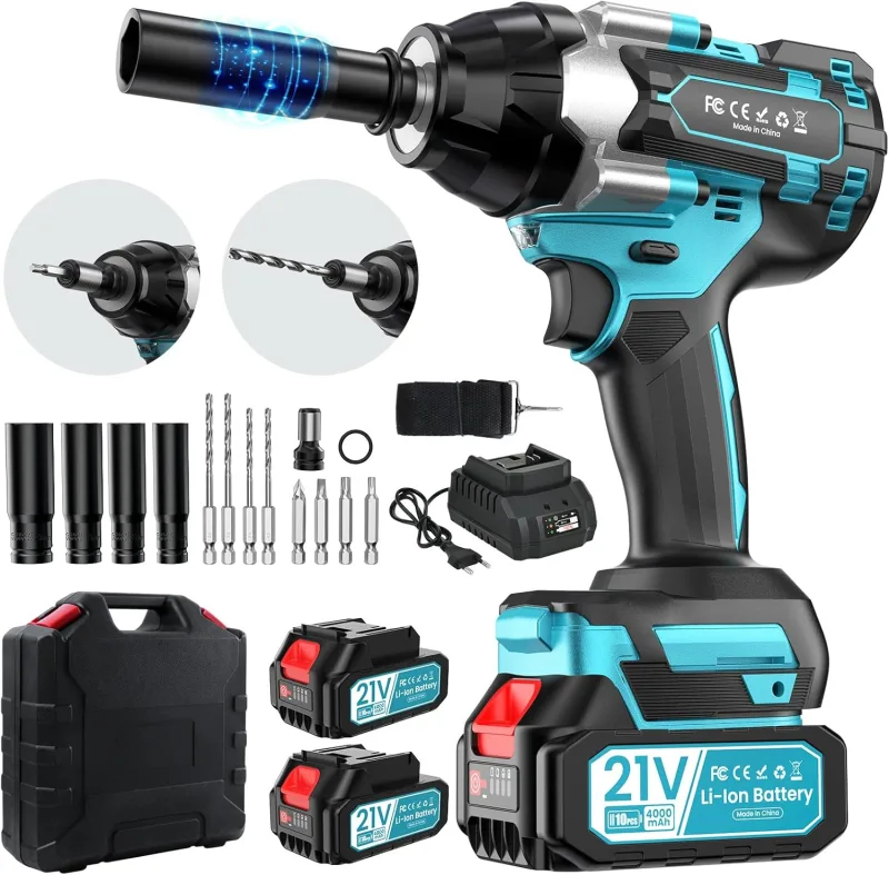 Pistola de Impacto a Batería 1000 Nm, Atornillador de Impacto de 2 Baterías de 4000 Mah, Motor Brushless, 4 Brocas, 4 Puntas de Destornillador para Coches, Camiones y Uso Doméstico.