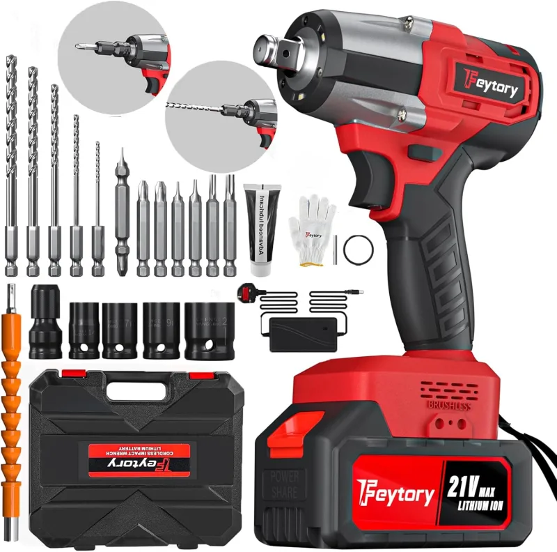 Llave de Impacto Inalámbrica, Brushless 1/2" 550N.m Llave de Impacto Eléctrica con 4 Enchufes, 12 Puntas de Destornillador, Batería 4.0Ah y Caja de Transporte para Coches Camiones