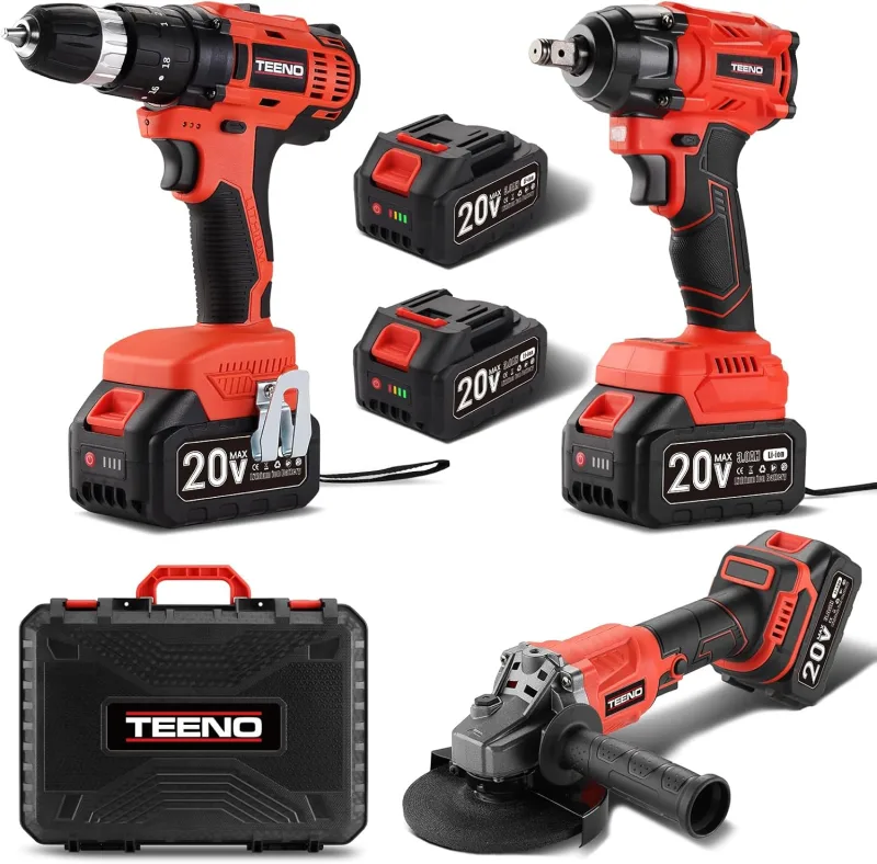 TEENO Juego de Herramientas Eléctricas 3 Piezas: Llave de Impacto Sin Escobillas + Taladro Percutor a Bateria + Amoladora Angular Sin Escobillas, 2x Batería 20V, Ideal para Hogar y Reparación de Coche