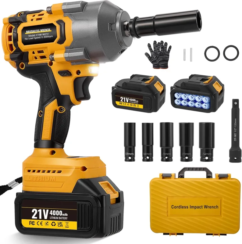 1200NM 1/2'' pistola de impacto bateria 21V 3000RPM atornillador de impacto 2X 4.0Ah batería llave de impacto de alto par Nivel de 3 velocidades para coches, DIY, autocaravanas,cortacéspedes