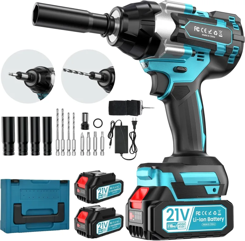 Pistola de Impacto a Batería 1000 Nm, Atornillador de Impacto de 2 Baterías de 4000 Mah, Motor Brushless, 4 Brocas, 4 Puntas de Destornillador para Coches, Camiones y Uso Doméstico.