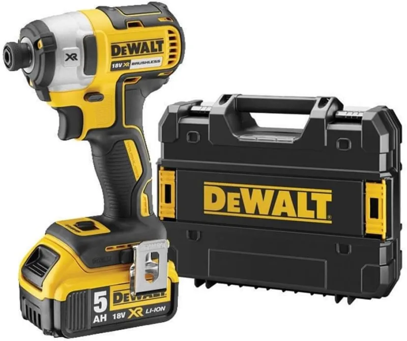 DEWALT DCF887P2-QW - Atornillador Impacto sin escobillas XR 18V, Portabrocas 1/4", Torque 205Nm, 2 baterías Li-Ion 5,0Ah, Maletín TSTAK, Negro Y Amarillo