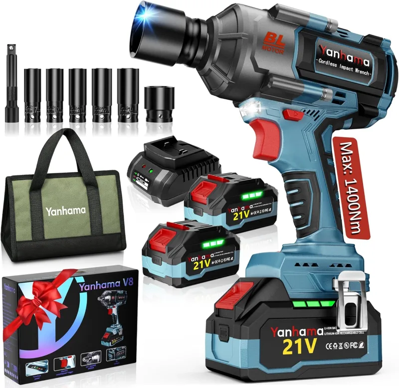 Llave De Impacto 1400 NM Led Llave De Impacto Profesional Set + Bolsa De Herramientas + Guantes - Regalo De Idea Para Bricolaje/Neumáticos De Camiones/Dispositivos Industriales