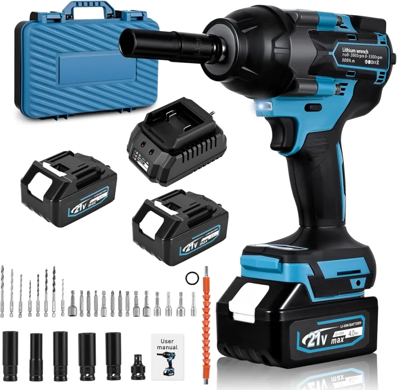 Pistola de impacto bateria 800N Llave de impacto 4 velocidades ajustables Llave de impacto a bateria 2 x 4000 mAh LED incorporada Motor sin escobillas Pistola de impacto