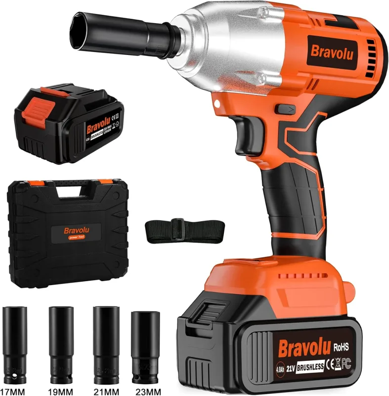Bravolu Impact Wrench, 21V Brushless Impact Gun Battery, 700Nm Impact Driver with 4.0Ah Battery, 1/2 inch, with 4 Impact Sockets
