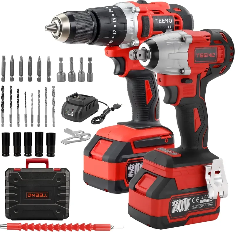 TEENO - Llave de impacto inalámbrica 320 Nm, con tuerca de percusión, 2 batería de 3,0 Ah, 1 cargador, 29 accesorios, control de cambio de velocidad de 2 velocidades