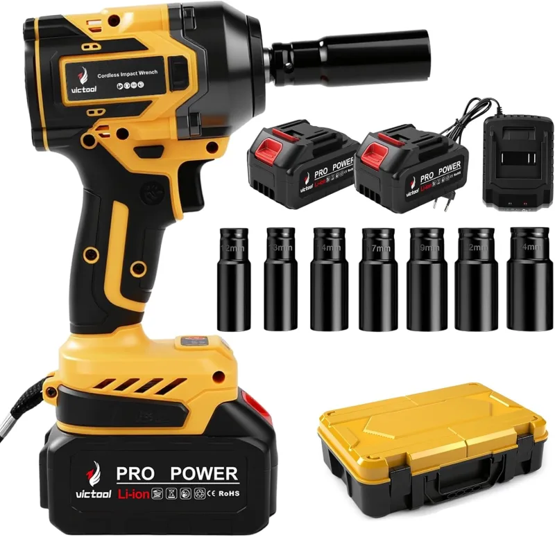 Victool 650Nm 21V Battery Electric Impact Driver with 7 Sockets and 2 4.0Ah Batteries for Car Truck Tire Screw Nut Removal