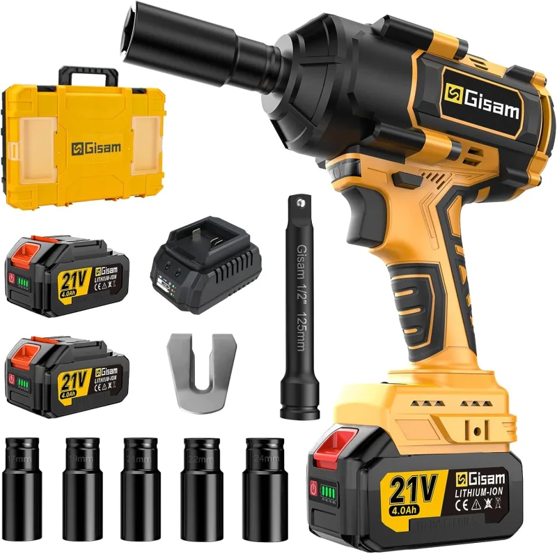Gisam 1000N.m Impact Wrench with 8000mAh Batteries, 1/2 Electric Impact Gun for Cars Trucks, with 5 Sockets, 5 Inch Extension Bar, Rotary Impact Driver for Car Tiers