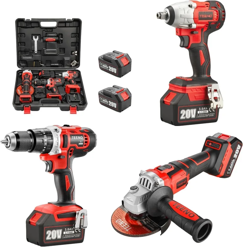 TEENO Juego de Herramientas Eléctricas 3 Piezas (Llave de Impacto Sin Escobillas + Taladro Percutor a Bateria + Amoladora Angular Sin Escobillas), 2 Baterías 20V, Ideal para Reparaciones