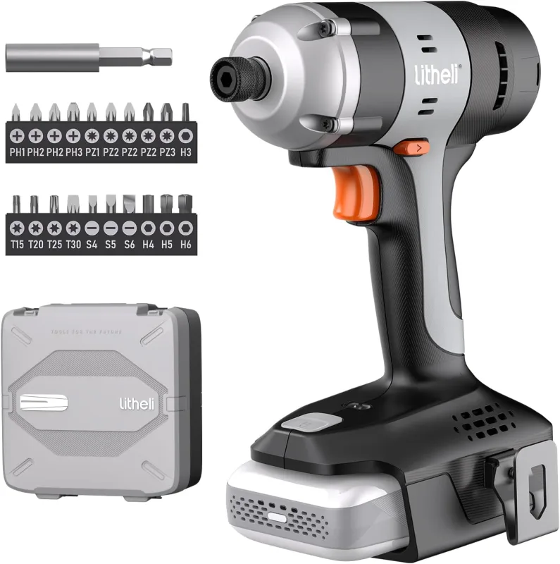 Litheli Taladro atornillador de impacto, 1/4", portabrocas hexagonal inalámbrico, con batería de 20 V, 10000 mAh, 180 Nm, 3000 IPM, incluye luz LED, clip para cinturón y 21 accesorios