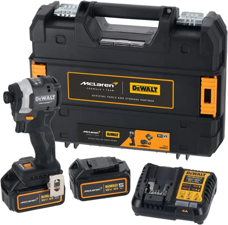 DeWalt DCF85MP2T McLaren F1 18V XR 1/4" Brushless Cordless Impact Driver with 2 x 5Ah Batteries, Charger and Case
