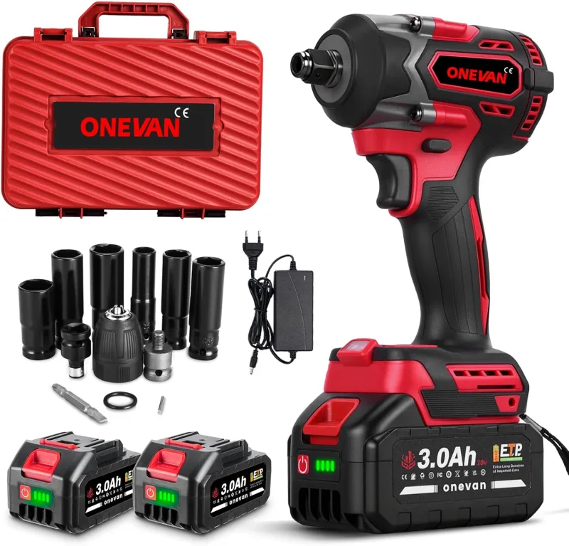 ONEVAN Battery Impact Driver with 6 Impact Heads, 500Nm, 4820 Brushless Motor, 1/2 Inch, Electric Bearing Screwdriver (2 x 3.0Ah Batteries) (Red)