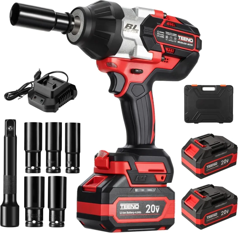 TEENO Pistola de Impacto Eléctrica 1/2" 1300Nm – Llave de Impacto Inalámbrica con 2 Baterías, Cargador Rápido, Luz LED y 5 Enchufes (17-24mm),Atornillador de Impacto Profesional para Taller y Hogar