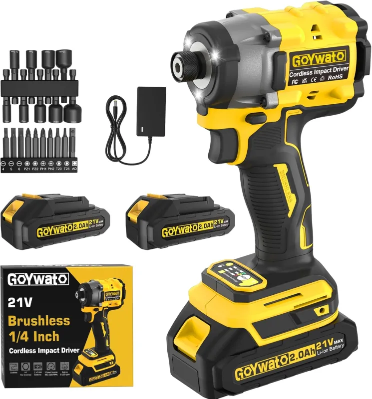 Atornillador de Impacto 320 Nm, Portapuntas de 1/4", Motor sin Escobillas, 21V Destornillador de Impacto con 2 Baterías de 2,0 Ah & 9 Dados & 10 Puntas de Destornillador para Bricolaje