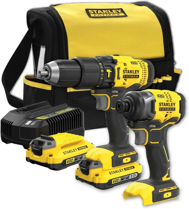 STANLEY FATMAX SFMCK465D2S-QW V20 Combo Kit (18 V, Battery Hammer Drill, Battery Impact Driver, 2 x 2.0 Ah Lithium-Ion Batteries, 1 Charger, Carry Bag)