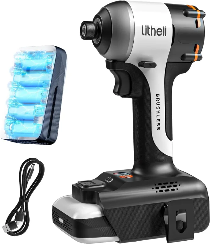 Litheli 20V Battery Screwdriver 2.0Ah Lithium Ion Battery Cordless Impact Driver Torque 230Nm 3 Modes Clamp 6.35mm LED Lights