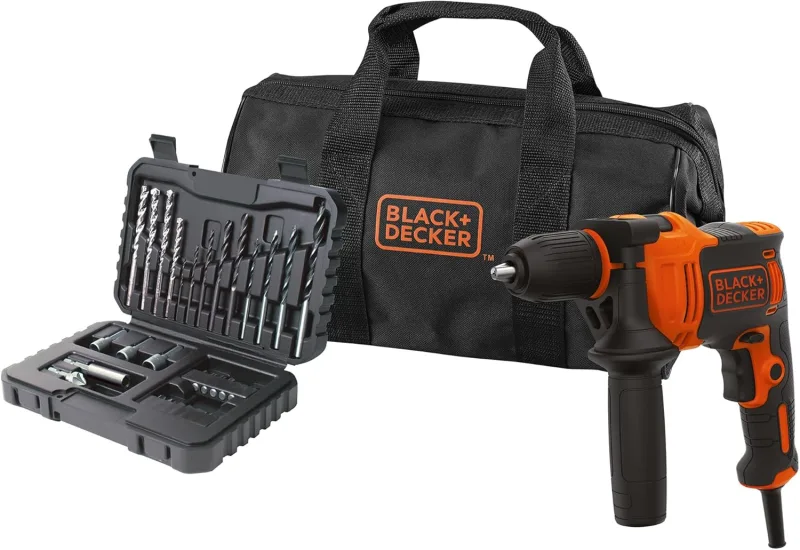 BLACK+DECKER Taladro percutor con cable 710W, acción percutora de alto rendimiento, velocidad variable, incluye 32 accesorios en bolsa blanda, BEH710SA32-QS