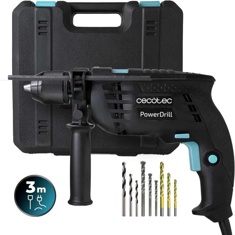 Cecotec Taladro Eléctrico Percutor PowerDrill 850 EasyAdjust. 850W, 46000 impactos por minuto, 4800 rpm, Cable extralargo 3m, Mandril portabrocas sin llave 13mm diámetro, Totalmente equipado