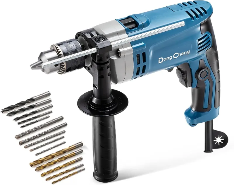 DongCheng - Taladro de percusión (710 W, 13 mm, taladro de percusión, 45,000 IPM, 3000 RPM con 15 coronas de perforación para metal, madera y hormigón