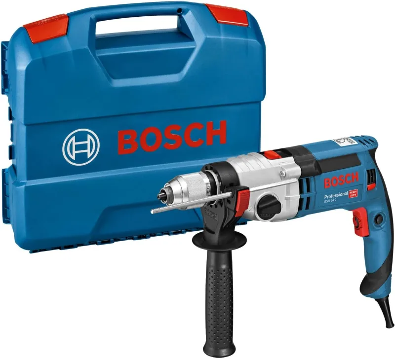 Bosch Professional taladro percutor GSB 24-2 (potencia 1100 vatios, par de giro máx.: 40/14,5 Nm, incl. portabrocas intercambiable, empuñadura auxiliar, profundidad retráctil, L-Case)