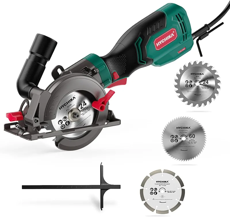 HYCHIKA Mini Sierra Circular 750W con Motor de Cobre Puro, 3 Cuchillas, 3500 RPM, Corte: 48mm/90º, 32mm/45º, Extrarator de Polvo, Sierra para Azulejo, Madera, Metal Blando