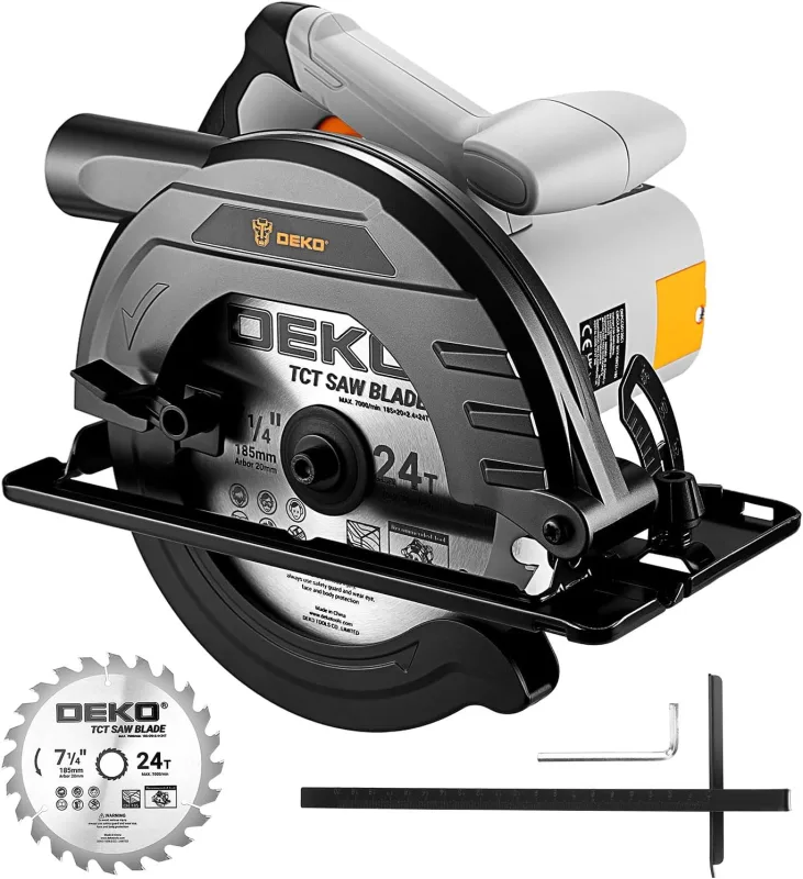 Sierra Circular 1200W: DEKOPRO Sierra Circular con Guia, Hoja de sierra Ø185mm(24T)，4800 RPM, Profundidad máxima de corte 65mm (90°), 43mm (45°), 2M Cable,Incluye guía, Ideal para Cortar Madera