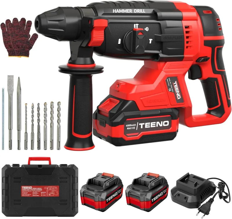 Martillo Perforador a Batería 20V sin Escobillas, 2.6J,1500RPM,4850BPM, SDS-Plus, 2×4.0Ah Baterías y Cargador, Martillo Percutor con LED, Empuñadura Antivibración y Maletín con 8 Accesorios