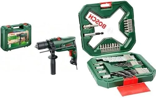 Bosch Home and Garden Taladro percutor eléctrico EasyImpact 600 (600 W, en maletín de transporte) + 34 uds. Set de puntas de atornillar y brocas X-Line (para madera, mampostería y metal)